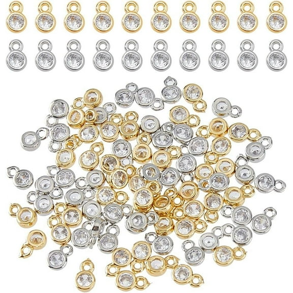 80Pcs 2 Colors Bulk Cubic Zirconia Charms Brass Flat Round Pendants Rhinestone Platium Charms Golden Earring Bracelet Necklace Supplies for DIY Craft Jewelry Making Clear