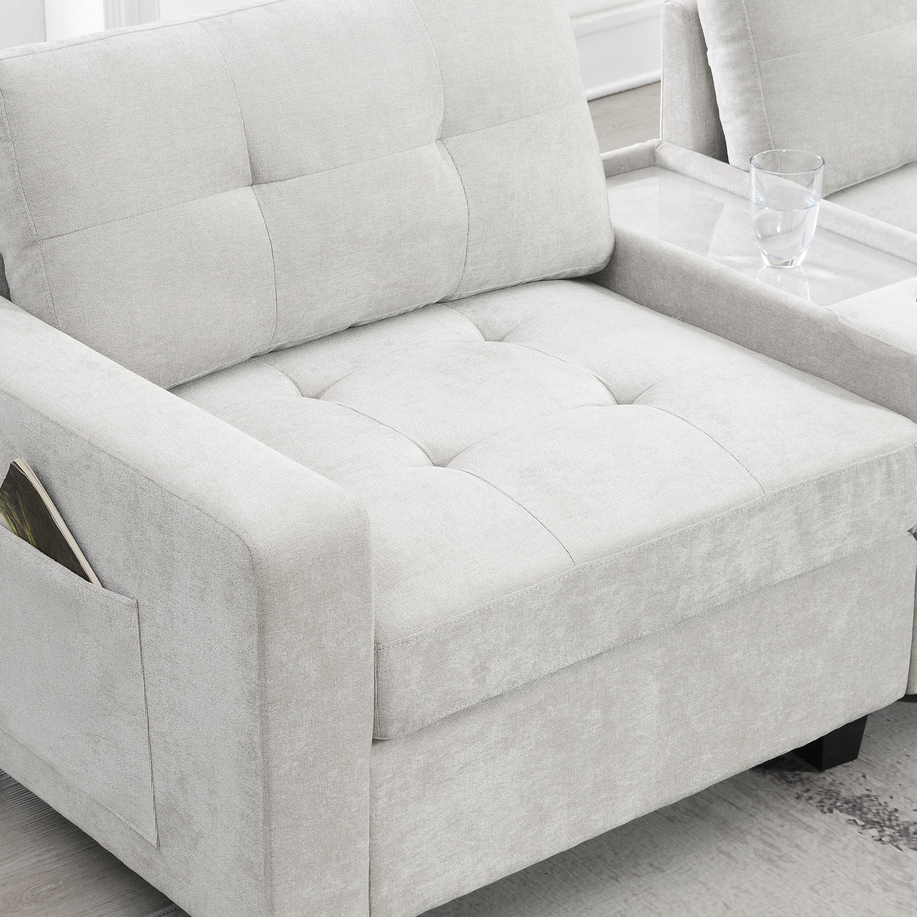MAYEERTY 104" Sectional Sofa - Acrylic Table Top Chenille U-Shaped Couch with 2 Consoles/USB/Storage/Ottoman, Tufted for Living Room/Apartment, 2 Colors