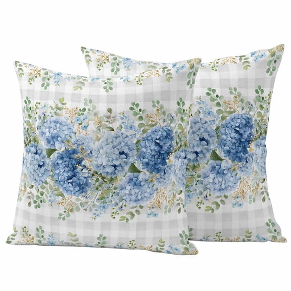 Outdoor Pillow Covers 24 x 24 Inches, Hydrangea Eucalyptus Waterproof Throw Pillow Cover Set of 2, Summer Botanical Grey Buffalo Plaid Decorative Square Cushion Covers for Patio/Tent/Couch/Garden