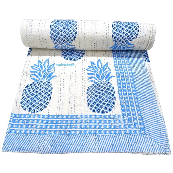 Blue Pineapple Print Kantha Quilt Reversible Indian Throw Coverlet 100% Cotton Kantha Bedspread Sofa Decor AC Quilt