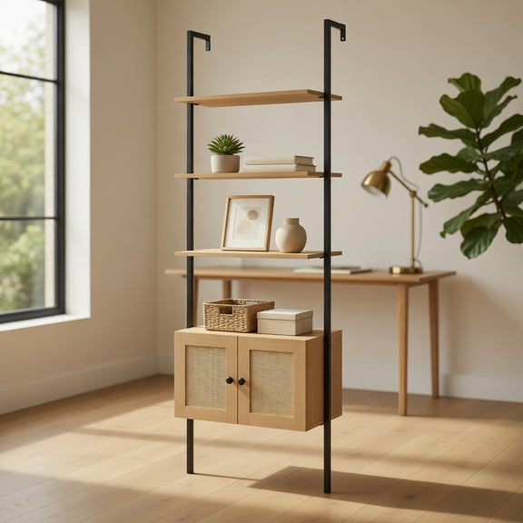 Resenkos 5-Tier Ladder Bookcase with Rattan Cabinet - Metal Frame, Natural