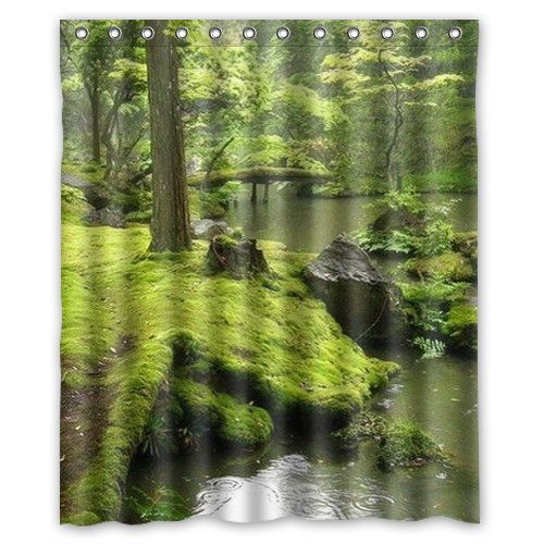 ABPHQTO Naturaleza paisaje verde árboles musgo bosque montaña agua corriente piedra cortina de ducha impermeable cortina de ducha 150x180 cm