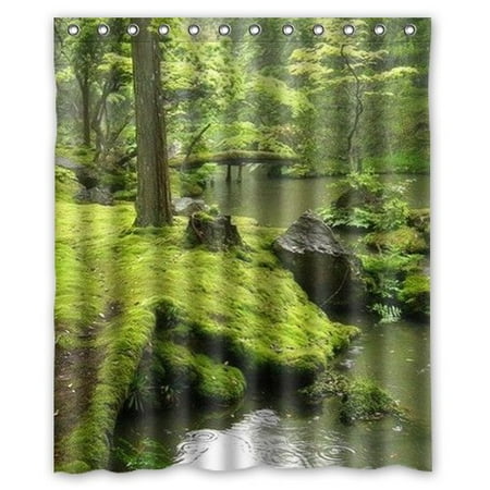 Mountain Mossy Green (MOHome Nature landscape green trees moss forest Mountain water Stream stone Shower Curtain Waterproof Polyester Fabric Shower Curtain Size 60x72)