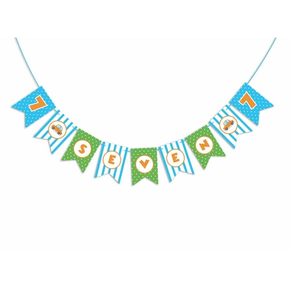 Inkdotpot Pre-StrungBirthday BannersI Am SevenBirthday Banner For Kids CarParty Supplies For Boy