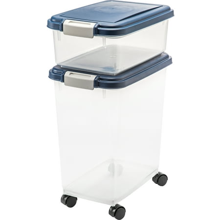 IRIS USA 30 lbs & 11 lbs Combo Airtight Dog Food Storage Container, Stackable Treat Box, Casters, Keep Fresh, Easy Mobility, Navy