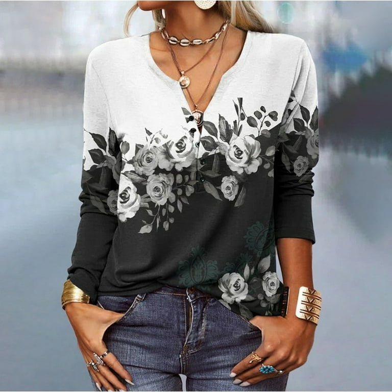 Womens V Neck Floral Tunic Blouse T-Shirt Ladies Long Sleeve Casual Loose  Tops