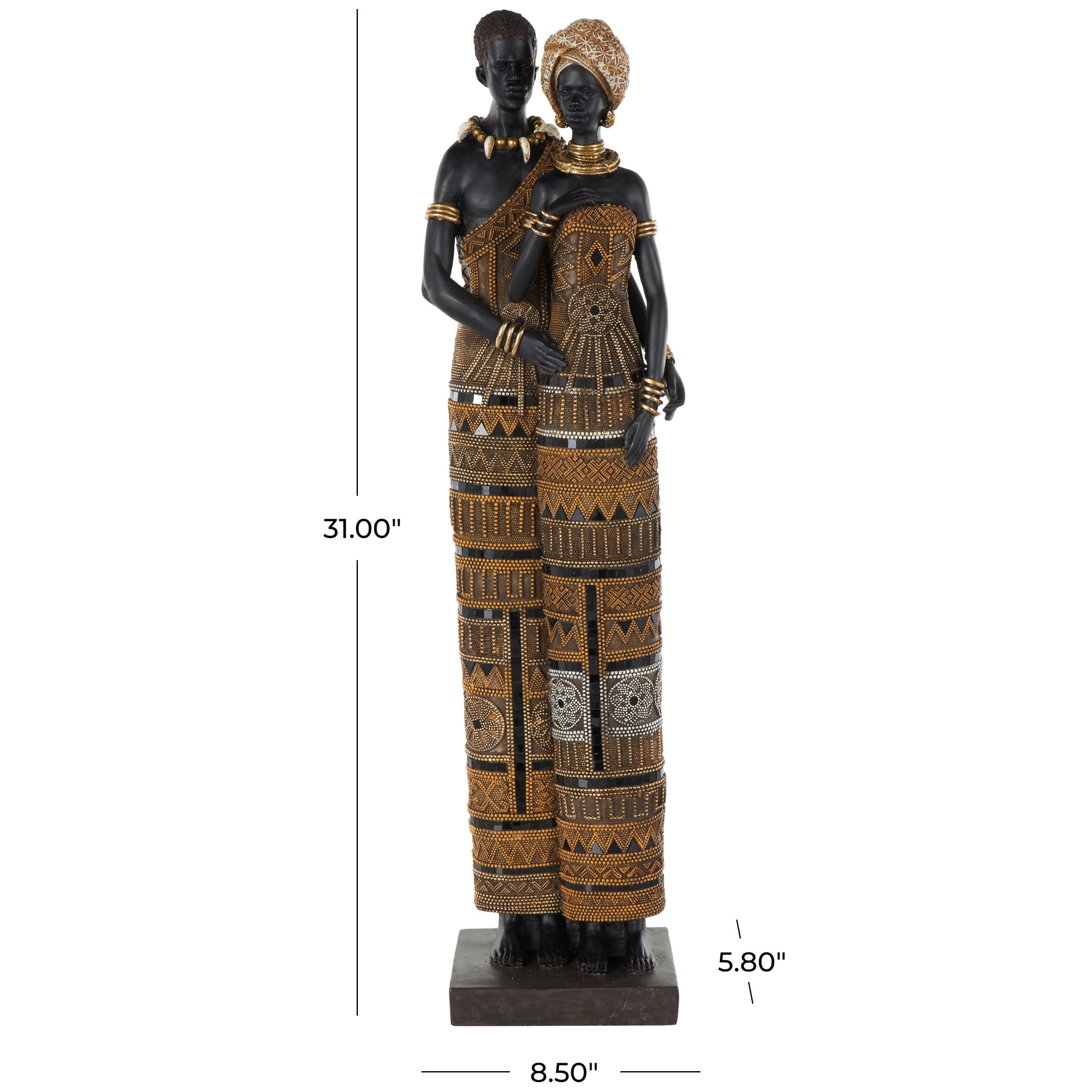 9" x 31" Black Resin Tall African Family Sculpture with Gold Jewels, by DecMode