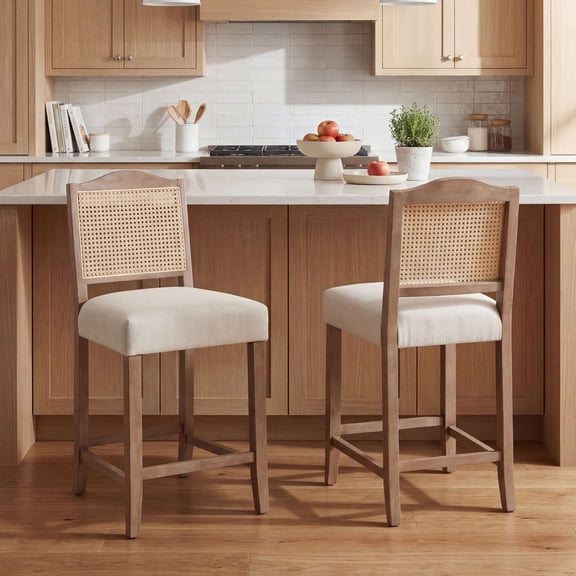 Dayalane Counter Height Bar Stools Set of 2, 26" Farmhouse Wooden Barstools with Rattan Back, Mid Century Modern Linen Upholstered Breakfast Bar Stool Chairs for Bar Kitchen Island Bistro, Beige