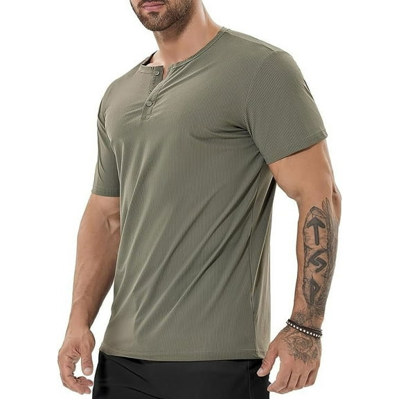 ICEMOOD Mens Dry Fit Henley Shirt Short Sleeve Gym Tshirt Cool Feeling Summer Basic 3 Button Tee