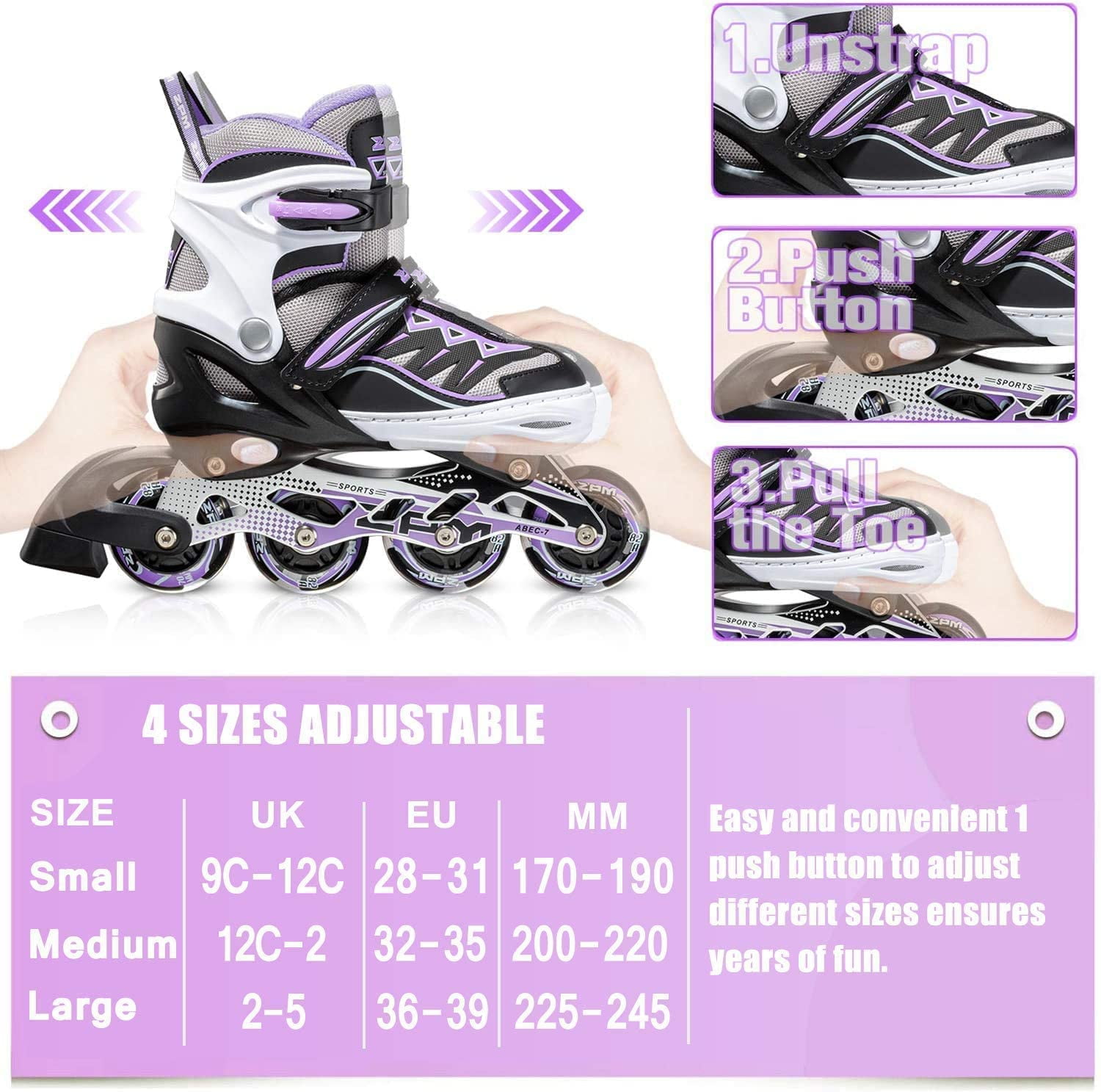 2PM Sports Cytia Pink Girls Adjustable Illuminating Inline Skates with Light up Wheels, Large