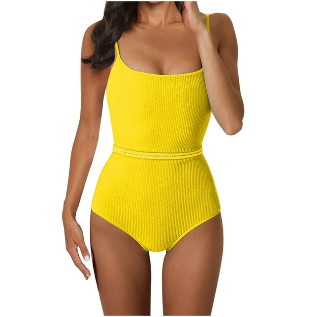 Women Strappy Back Solid Color Belted Conjoined Swimsuits Bikini Swimdress