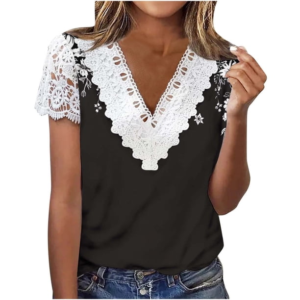 V Cuello Manga Corta Tops para las Mujeres Plegar Impreso Botón Delantero Casual Blusa Verano, Tops de Verano de las Mujeres V Cuello