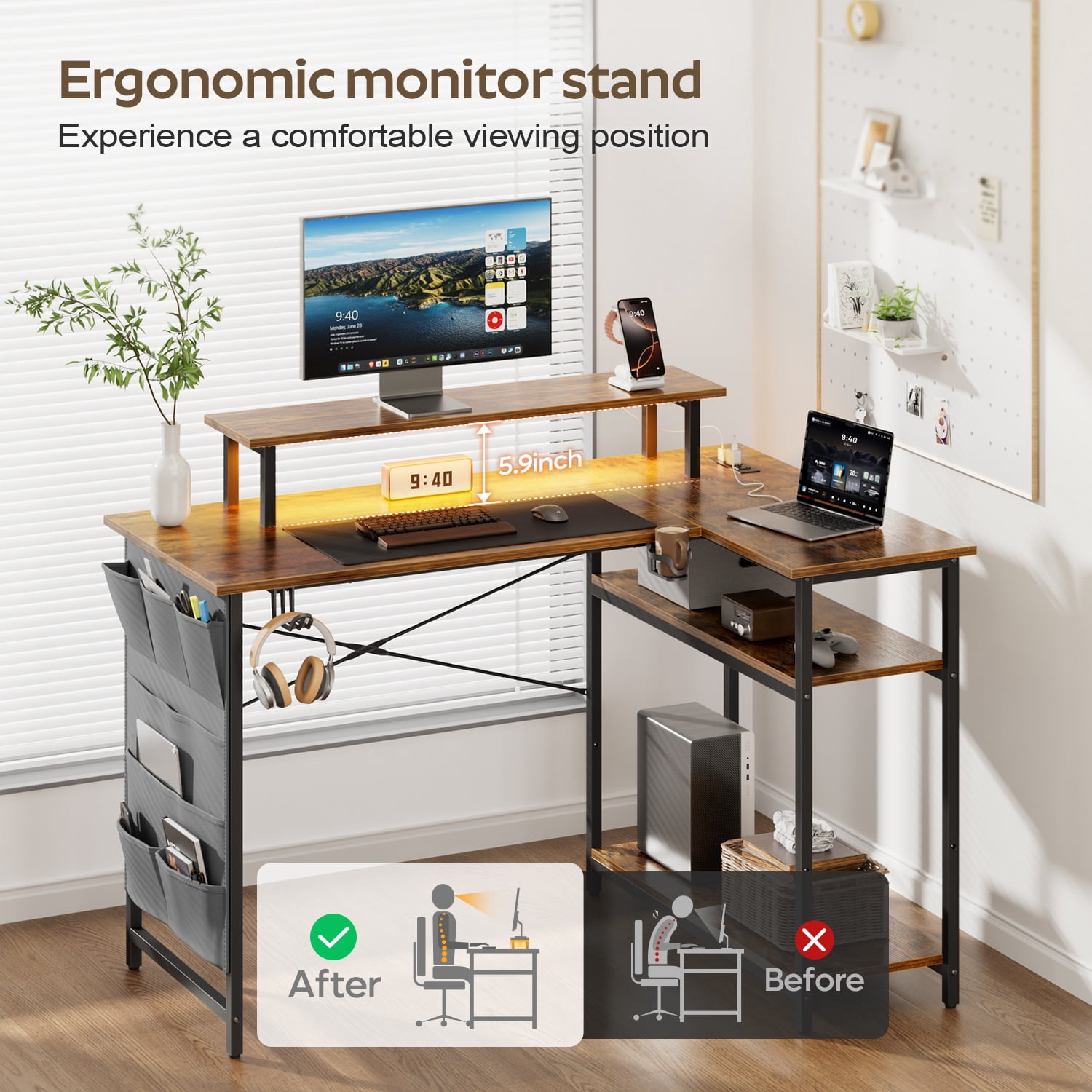 HLDIRECT 43 Inch L Shaped Computer Desk with Power Outlet, Gaming Corner Desk with LED Lights, Home Office Table with Storage Shelves & Monitor Stand, Rustic Brown