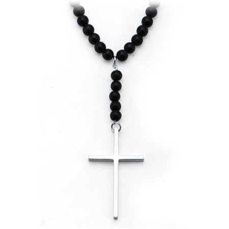 Inox Jewelry NK5138 Cross Onyx Beads Stainless Steel Necklace, Black
