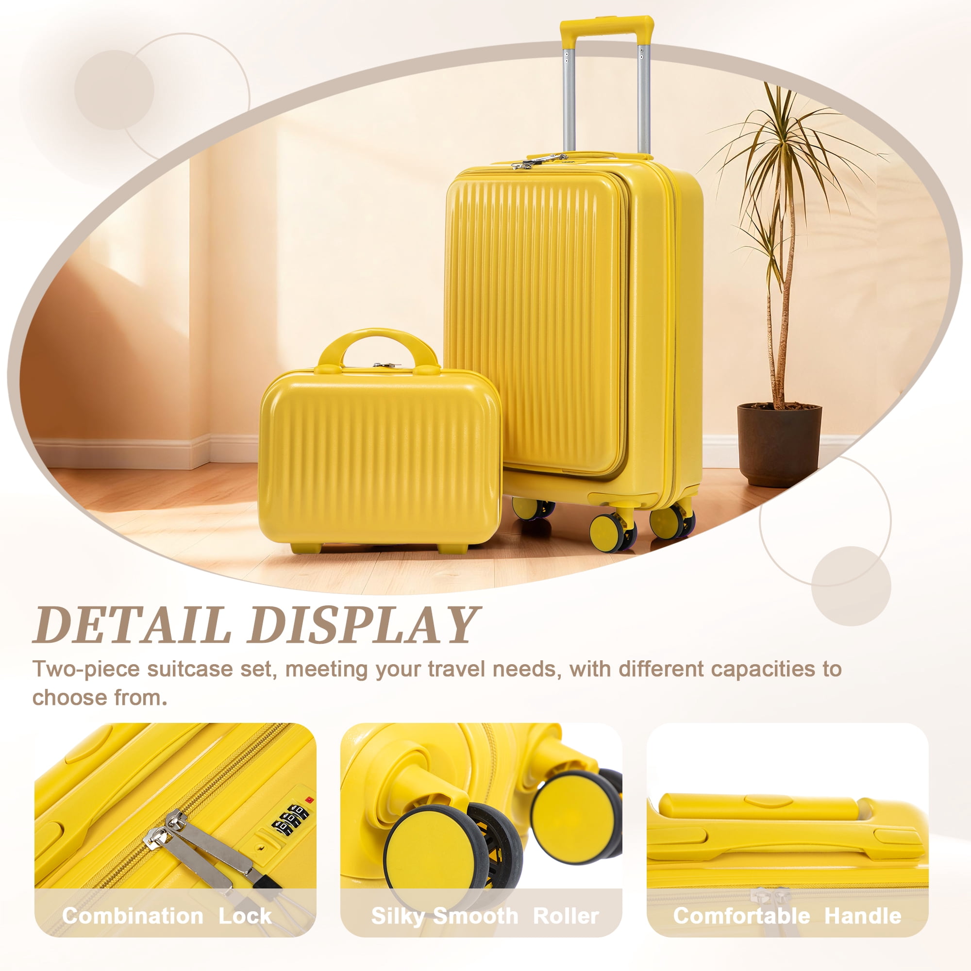 Alvantor 2 Piece Spinner Luggage Set, ABS Hardshell Front Opening Suitcase Set with Combination Lock and Cosmetic Case,14"/20" Yellow
