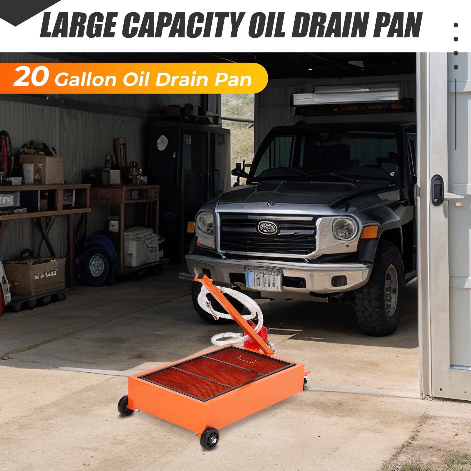 COZONY 15 Gallon Low Profile Oil Drain Pan w/ Folding Handle & Wheels, Oil Change Pan w/ 8FT Hose&Manual,Orange