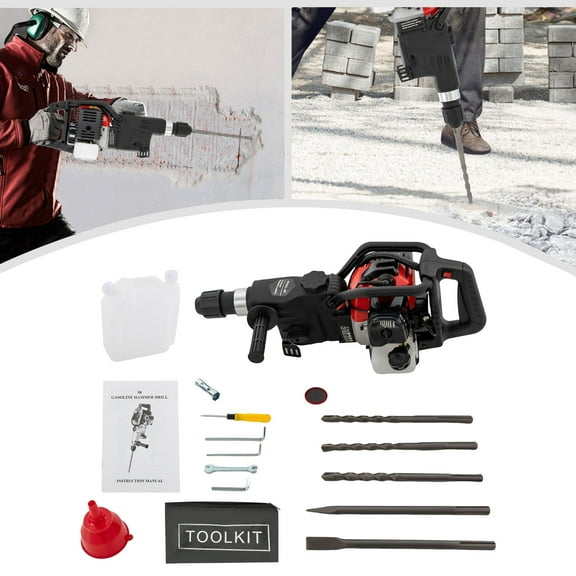 326cc 2 Stroke Gas Powered Demolition Jack Hammer Concrete Breaker Punch Drill 1800W 30J Gasoline Concrete Breaker Post Driver Fende Knocker Jack Hammer with Pointed and Flat Chisel, 3X Drills