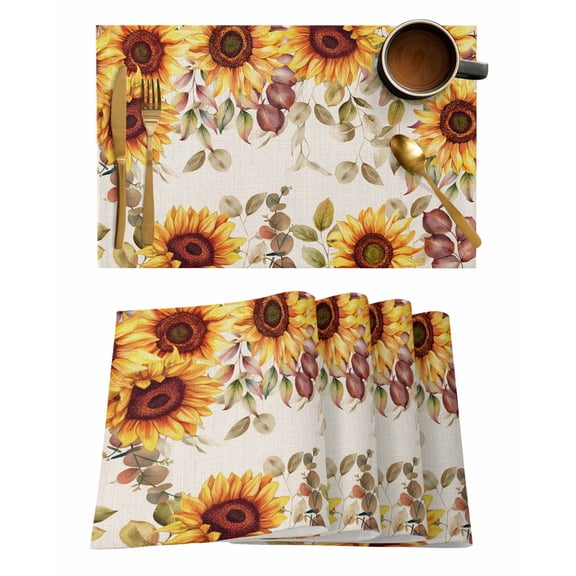 Placemats Set of 4, Sunflower Fall Woven Placemat, Linen Place Mats for Kitchen/Dining Tables, Thanksgiving Eucalyptus Leaves Rustic Washable Table Mats for Party