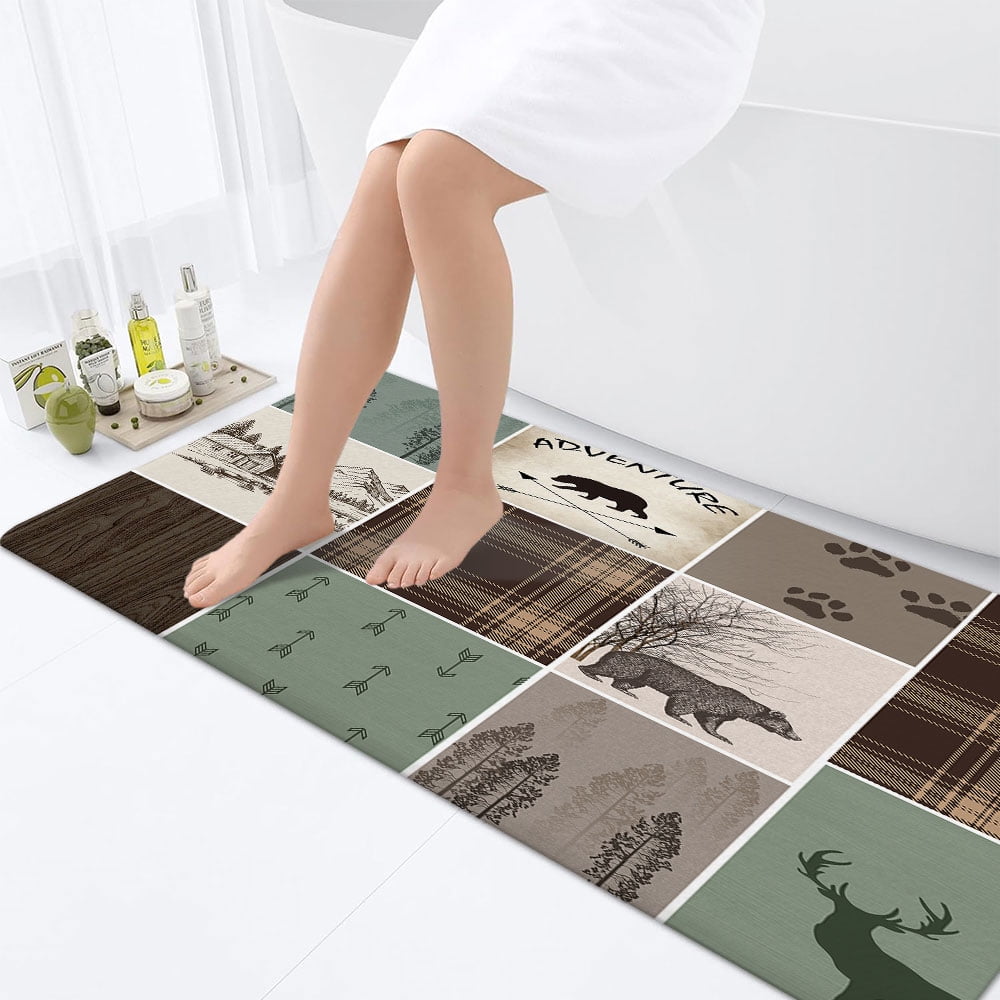Rustic Cabin Bath Mat,Bear Deer Forest Woodland Farmhouse Brown Flannel Non Slip Mat Rug,Forest Vintage Wood Bathroom Kitchen Door Mat,16X48in