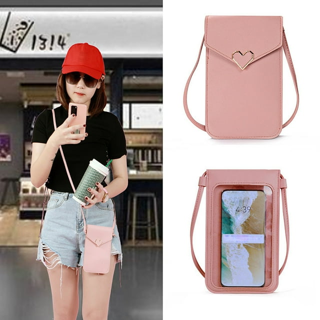 Xihbxyly Bolso Bandolera para Teléfono con Pantalla Táctil, Minibilletera de Cuero para Móvil, Diseño de Ventana Transparente, Ranuras para Tarjetas de Crédito, Ligero y Práctico, Ideal para Viajar,
