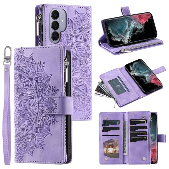 Allytechgroup Wallet Case for Samsung Galaxy S26 with Card Slots, Embossed Pattern PU Leather Zipper Pocket Kickstand Cover, Shockproof Magnetic Clasp Case with Wrist Strap, Purple