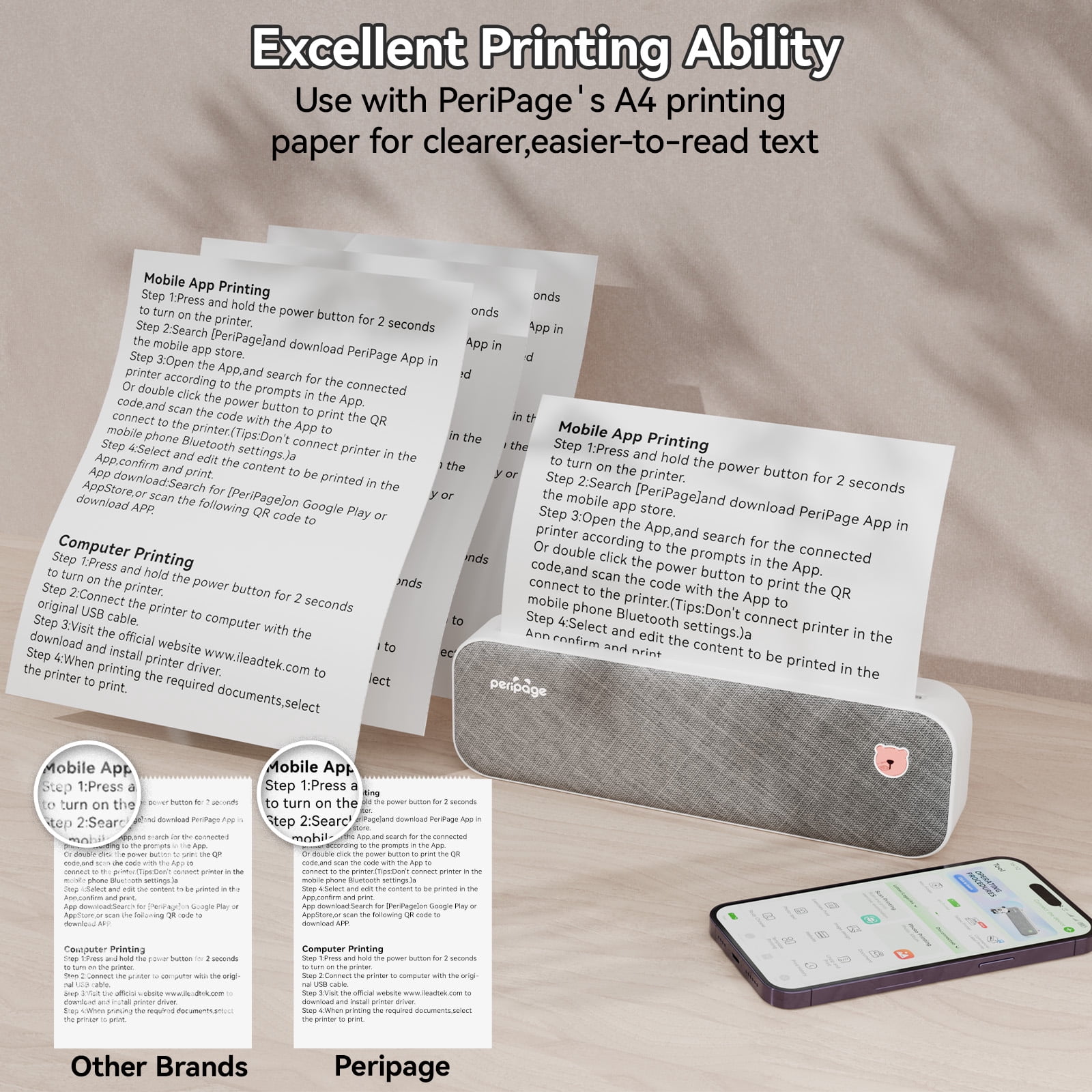 PeriPageA40 Thermal Portable Printer, Supports 8.26"x11.69" US Letter, Wireless Inkless Bluetooth Mobile Travel Printer, Compatible with Android and iOS, Prints Documents, Tattoo Paper, Photos(Grey)