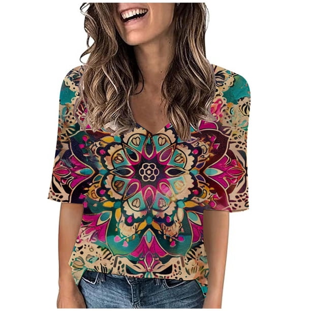 Camisetas Casuales de las Mujeres Impresas Manga Corta Cuello en V, Camiseta Ligera para Diario, Fiesta Y Primavera Verano