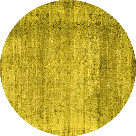 Ahgly Company Machine Washable Indoor Round Abstract Yellow Contemporary Area Rugs, 4' Round