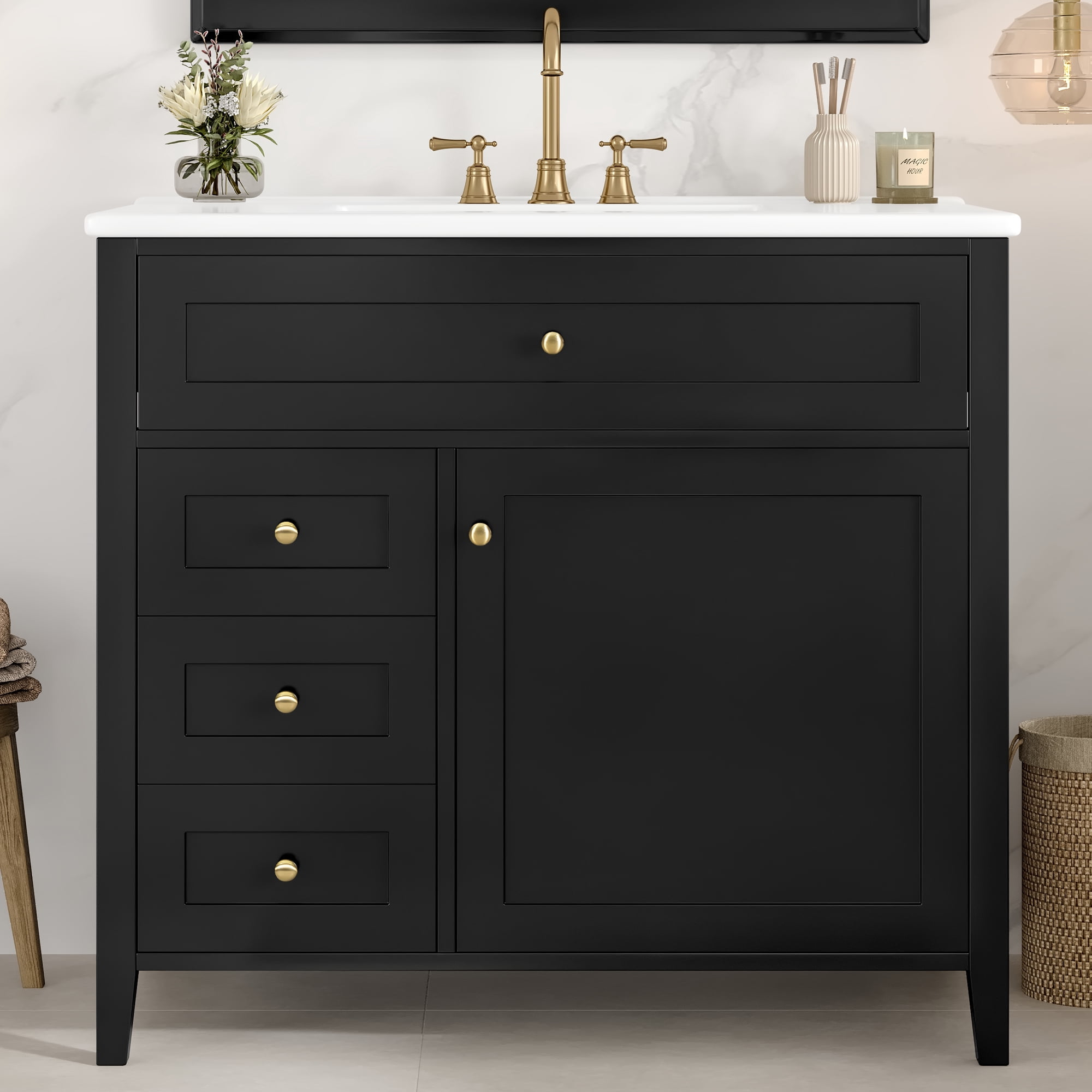 Euroco 36-Inch Black Bathroom Vanity with Sink, Modern MDF and Rubberwood Cabinet with 3 Drawers and Adjustable Shelf, Freestanding Vanity for Bathroom Storage and Organization