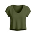 thumbnail image 6 of Htigea Cropped T-Shirts for Women Short Sleeve V Neck Basic Tees Soft Comfy Summer Daily Tops Green L, 6 of 6