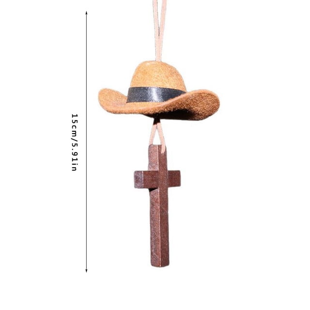 Tan Cowboy Hat Felt Heart Cross Car Accessory Interior Decoration Rearview Mirror Hanging Ornament
