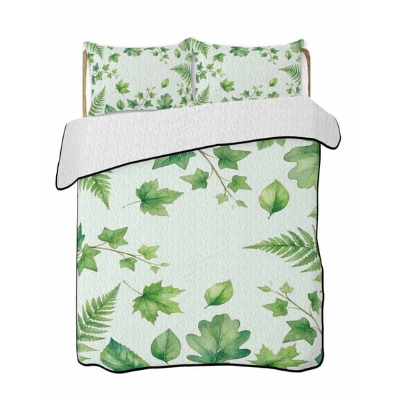 Quilts King Size Bedding Set, Spring Botanical Lightweight Quilted Comforter, Green Ivy Ferns Oak Leaves Light Blue Soft Reversible Bedspread Coverlet with Pillow Covers for All Season, 96" x 106"
