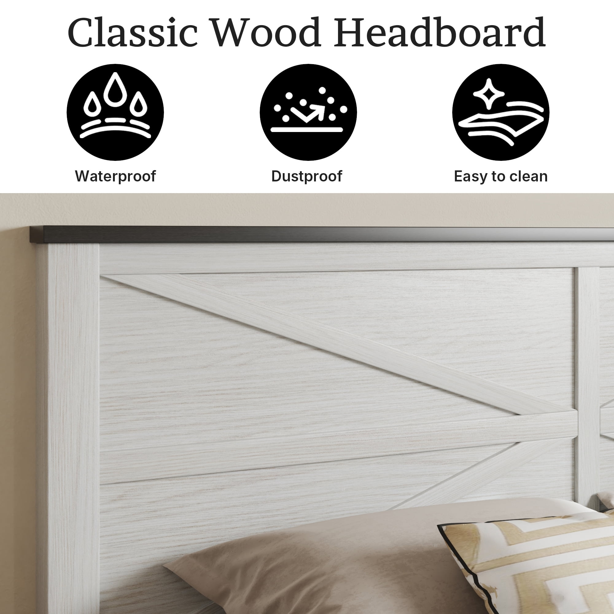 BSHTI Full Size Bed Frame with Wooden Headboard, Country and Farmhouse Style, White