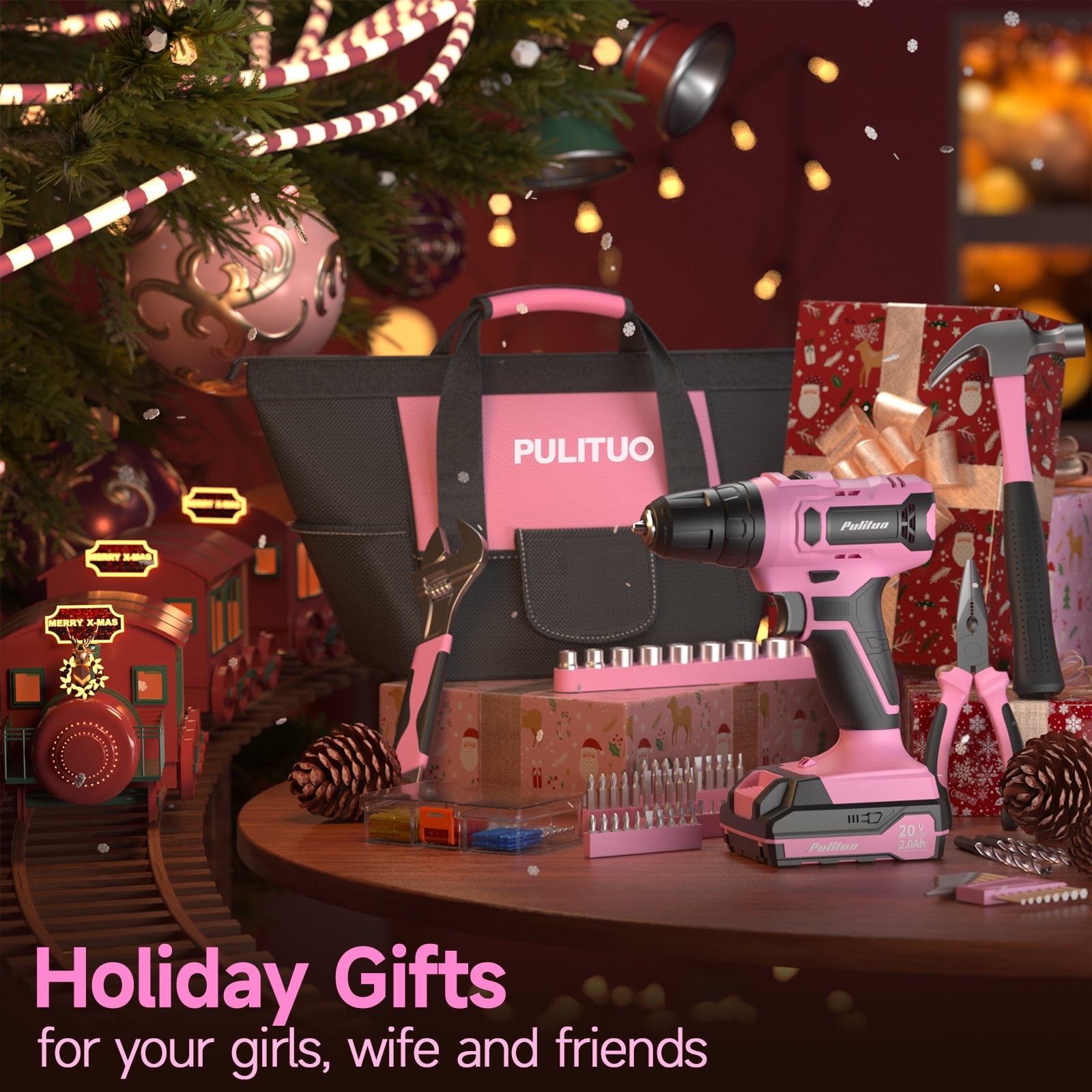 PULITUO 20V Cordless Pink Drill Kit, 238-Piece Tool Box, Electric Drill Driver with Battery, 2 Speeds, 21+1 Clutch, LED Light, Lady's Home Repair Set
