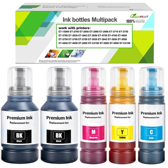GREENPRINT EPT502 Ink Cartridges Bottle Refill Multipack Replacement for ET-15000 ET-2760 ET-2850 ET-2980 ET-3710 ET-3750 ET-3760 ET-3830 ET-3843 ET-
