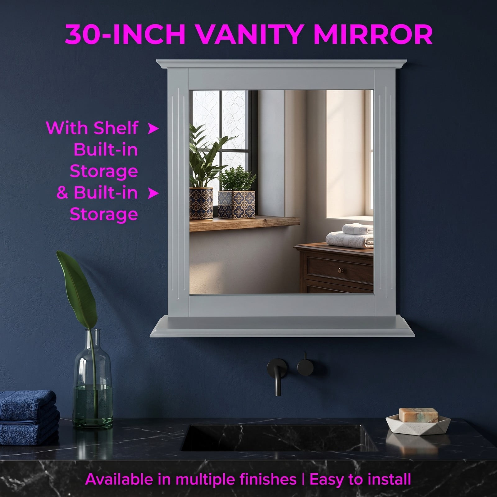 ALPULON Wall-Mounted Multipurpose Vanity Mirror with Shelf, MDF Framed Bathroom Wall Mirror with Storage Shelf for Entryway Bedroom Living Room Hotel, 22.5 x 27, Gray