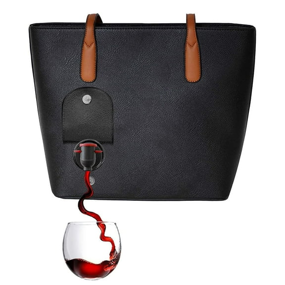 PortoVino Classic Tote Bag - Vegan Leather Wine Purse with Hidden Spout and Dispenser Flask for Wine Lovers that Holds and Pours 2 bottles of Wine! For Traveling, Concerts, Bachelorette Party - Black