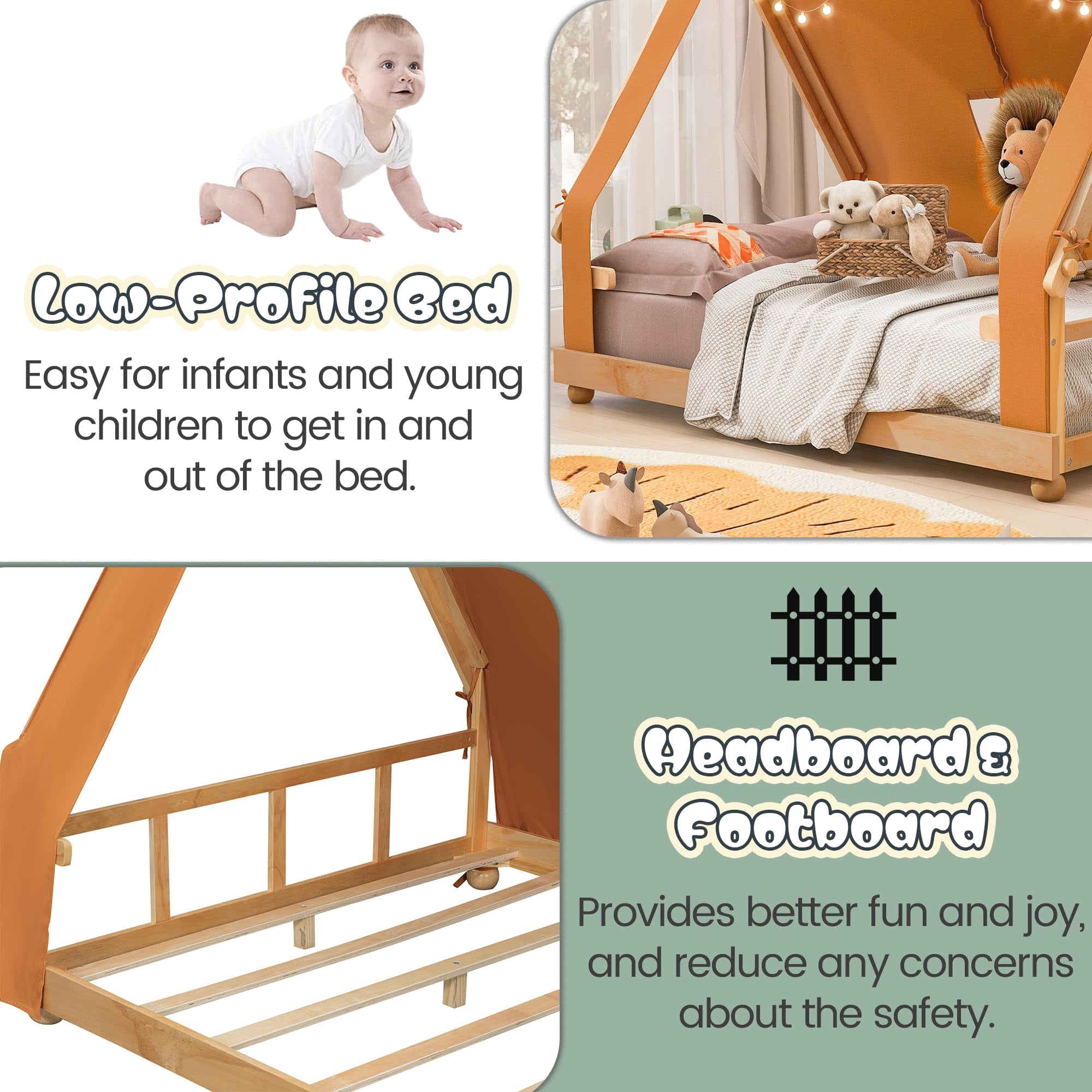Mirightone Full Floor Bed Frame with Light, Full House Bed with Tent, Floor Bed Full with Slats, Brown + Natural