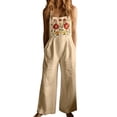 thumbnail image 2 of Wovilon Women's Floral Embroidered Sleeveless Wide Leg Jumpsuit with Pockets, Spaghetti Strap Boho Summer Vacation Outfit, Loose Fit Cotton Linen Overalls for Women, 2 of 9