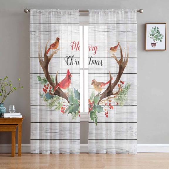 Christmas Cardinal Sheer Curtains 72 Inches Long, Winter Xmas Farmhouse Holly Wood Grain Light Filtering Window Curtains for Living Room, Rod Pocket Voile Sheer Curtain Drapes, 52"Wx72"L, 2 Panels
