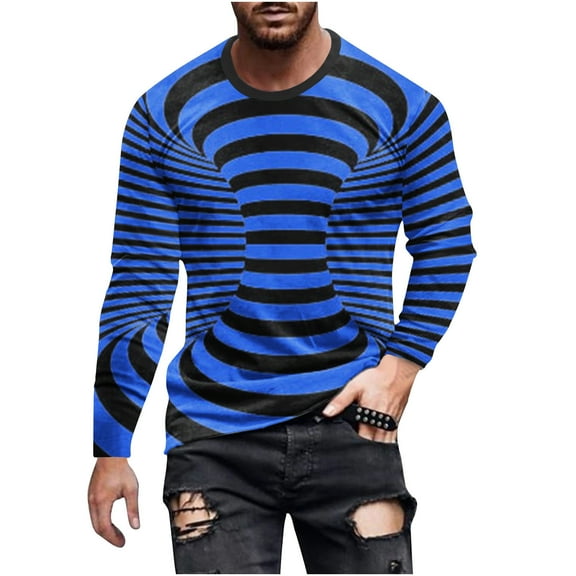 Qingpeng Men Stripe Print T-Shirt Spring Shirts Comfy Long Sleeve Scoop Neck Tops Blouses Basic Casual Pullover Shirt
