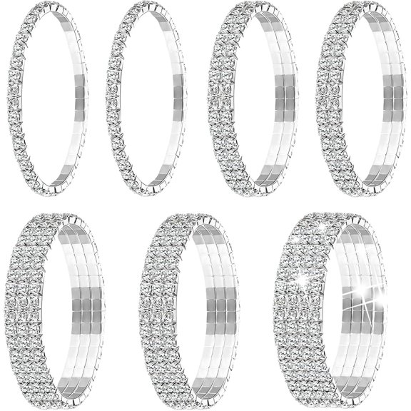 7 Pieces Rhinestone Stretch Bracelet Tennis Bangle Stackable Rhinestone Bracelet Wedding Jewelry for Women Bridal Girls(Silver), 7 inches
