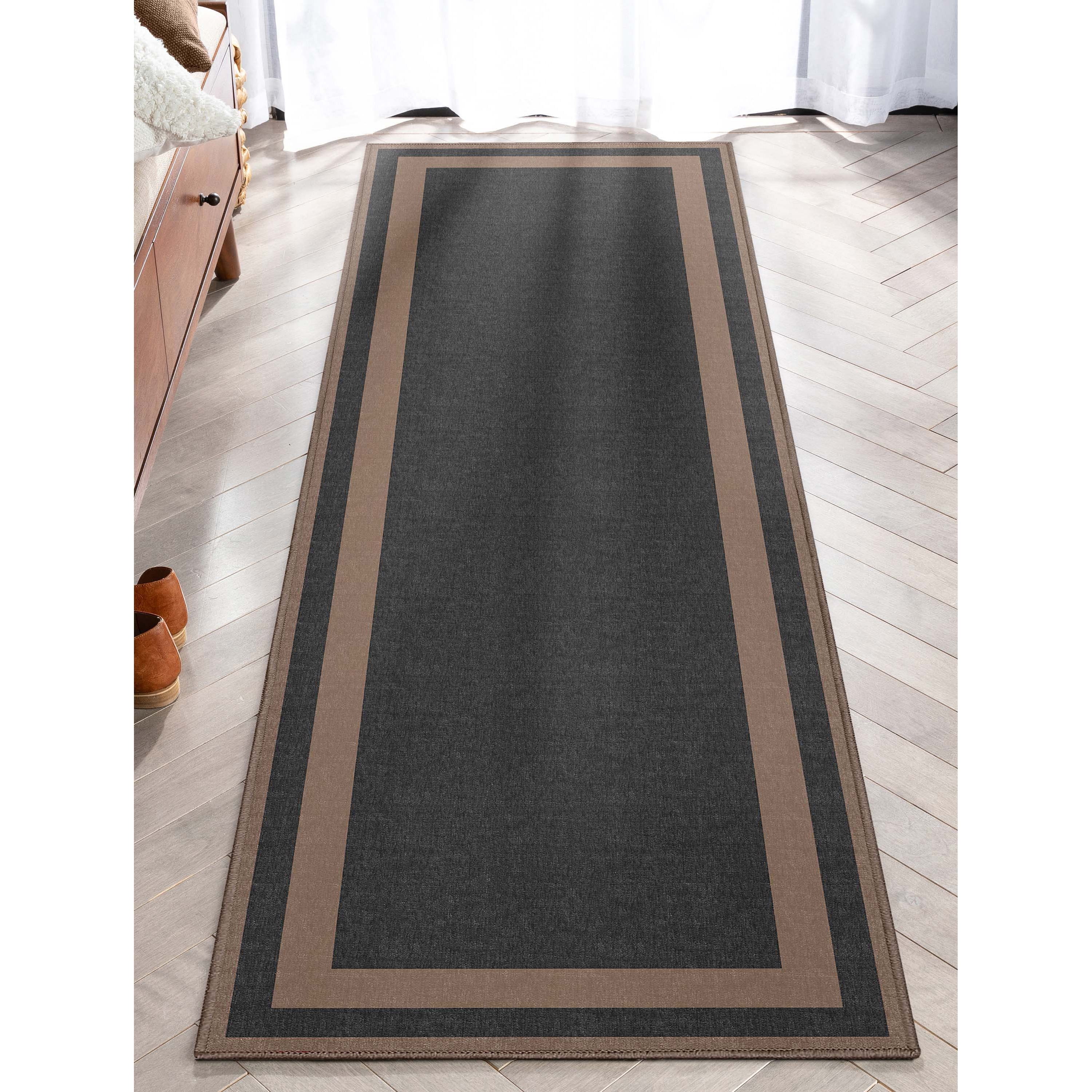 Well Woven Modern Plain Border Black Flat Pile Easy to Clean 2'3" x 7'3" Runner Rug for Living Room Stairs Hallway and Kitchen
