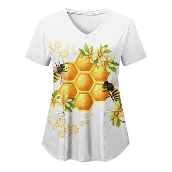 Scrubs Top for Women Bee Graphic Short Sleeve V-Neck Medical Uniform Soft Stretchy Free Nurse Shirt with 2 Pockets White XXL