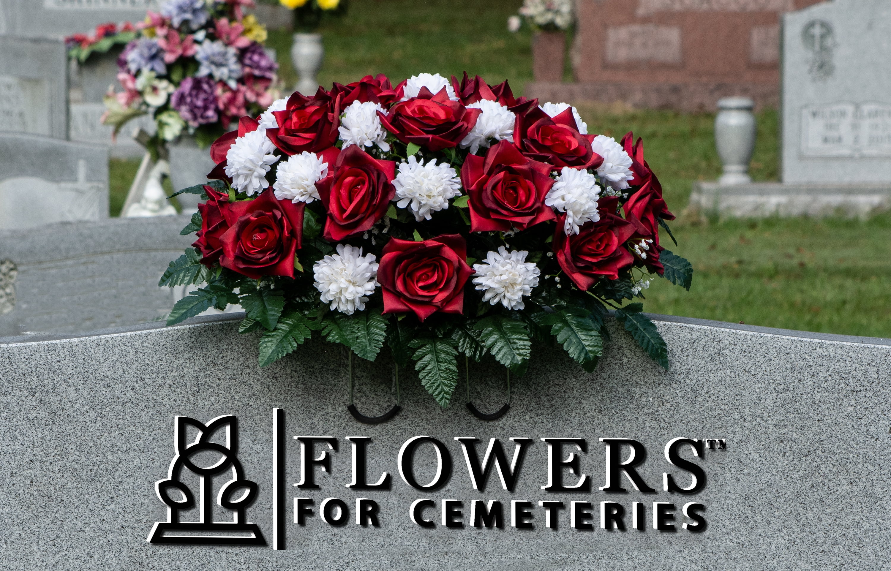 Sympathy Silks Artificial Cemetery Flowers 30" Red Open Rose/White Mum Saddle for Headstone