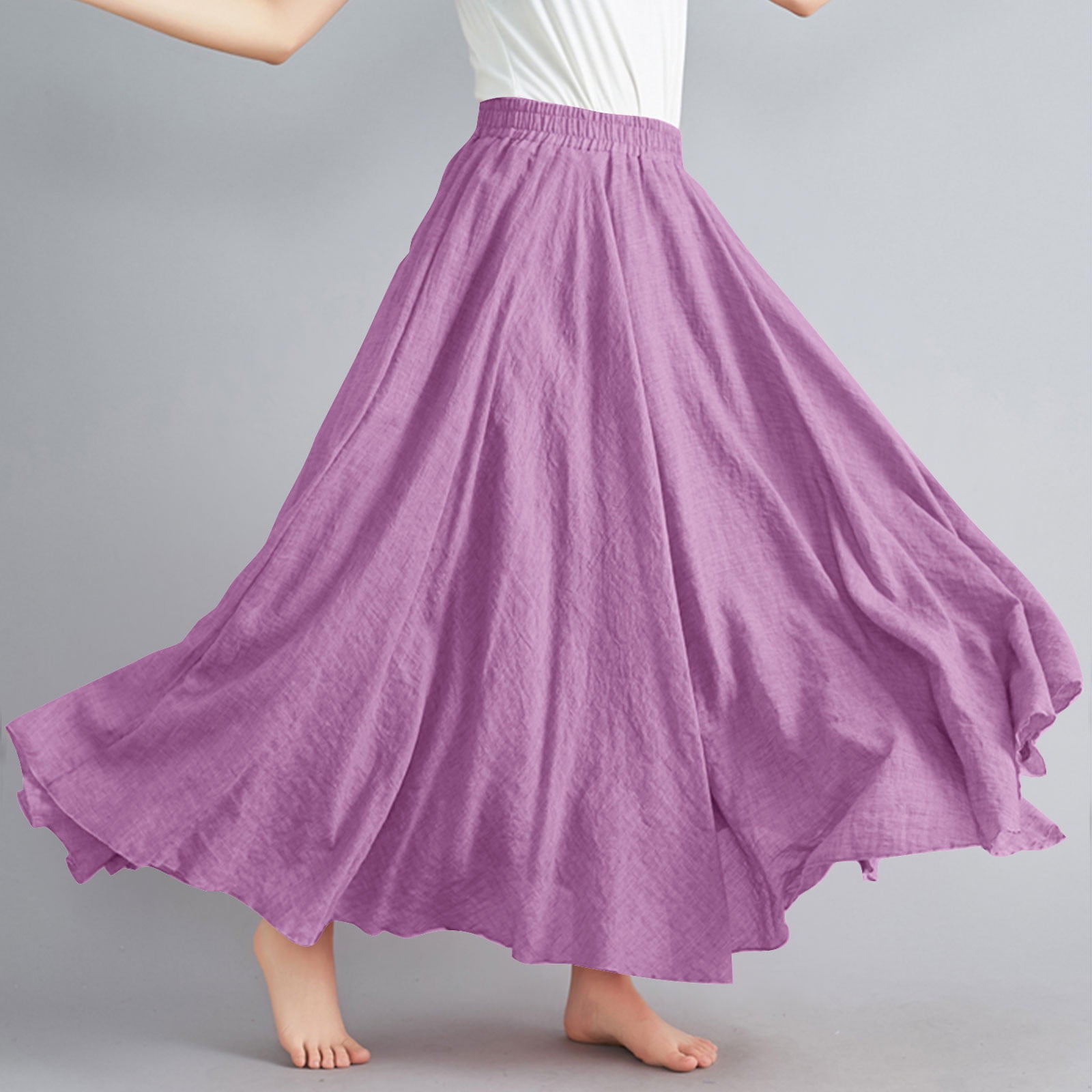 Cavosen Athletic Skirts for Women Long Maxi Ankle Length Skirts Linen Pleated Pencil Skirts Elastic Waist Plain Summer Skirts Oversized Dress Beachwear Casual Resortwear Purple