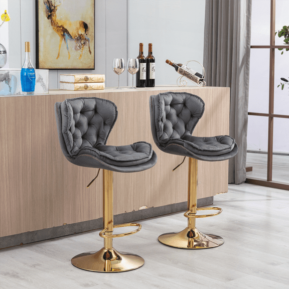 Dining Sets - Velvet Golden Leg Simple Bar Stool with Chrome Footrest - Small Space, Easy Assembly, Gray
