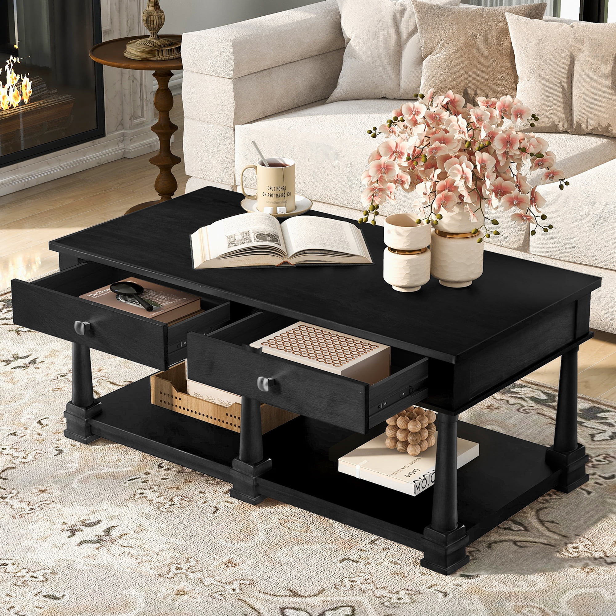 Leumius Farmhouse Coffee Table with 2 Storage Drawers & Lower Open Shelf, Rectangular Cocktail Table with Solid Wood Legs for Living Room Black