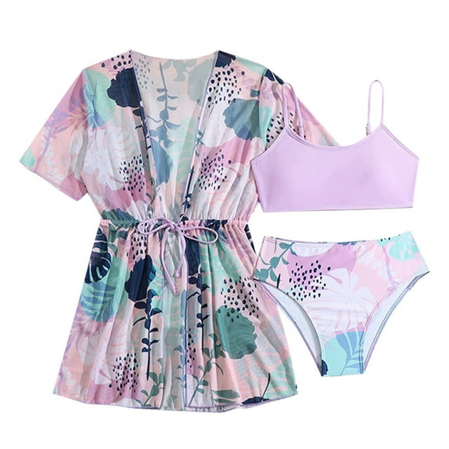 Sunnyoo Bikini Tropical pour Grande Fille avec Paréo, Maillot de Bain 3 Pcs