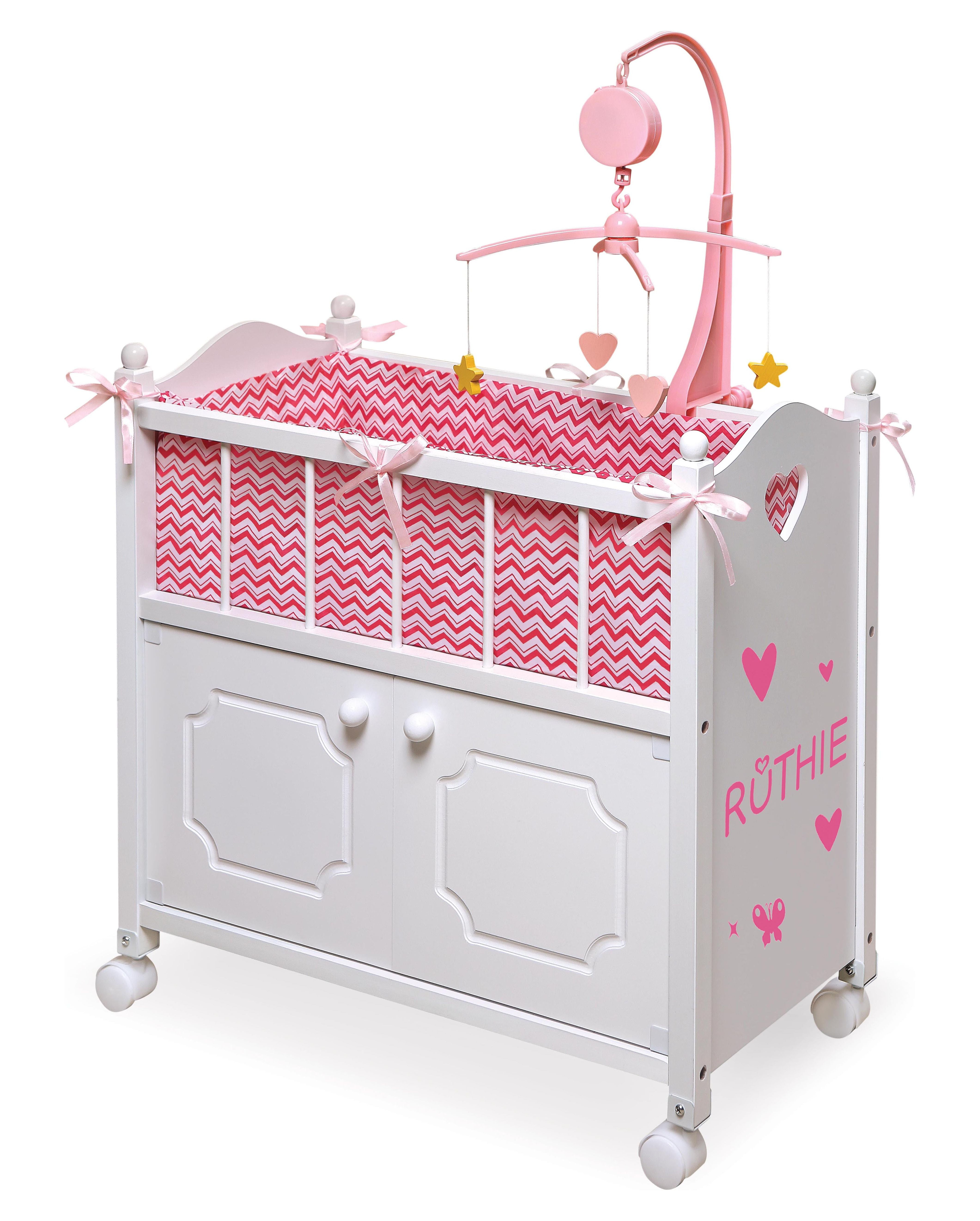 Badger Basket Cabinet Doll Crib with Chevron Bedding and Free